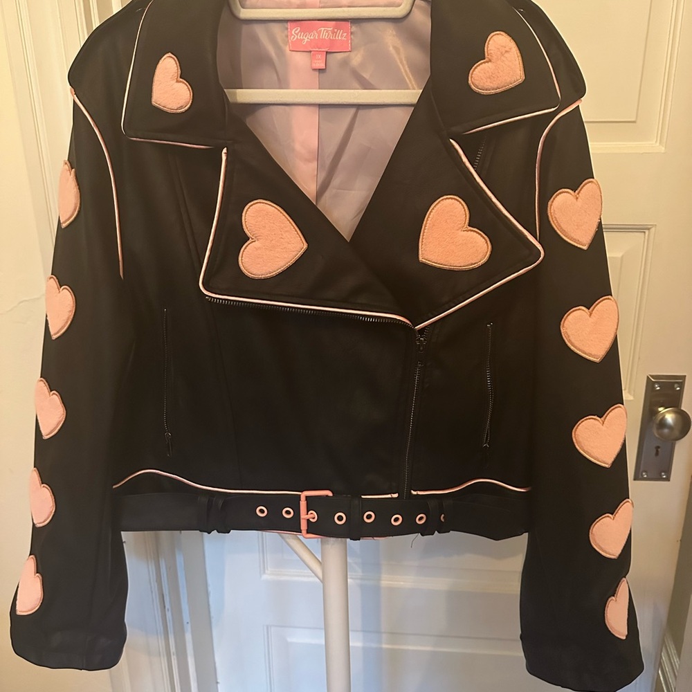 NWOT Sugar Thrillz Moto Jacket with Puffy Pink Heart Accents